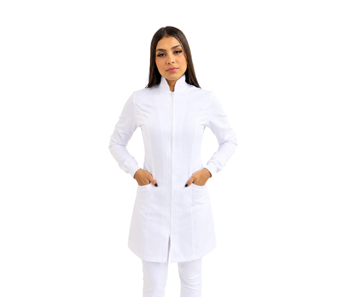Jaleco Feminino Gola Padre com Zíper Acinturado Branco
