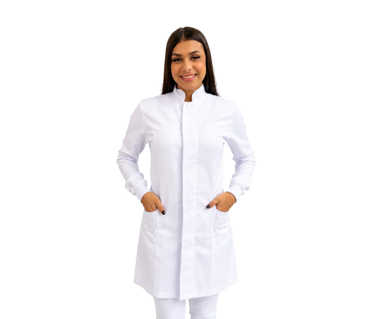 Jaleco Feminino Gola Padre com Botão e Punho Branco